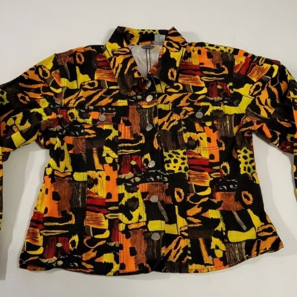 Zana Di Y2K Women's Multi-Color Crop Denim Jacket With A Bold Abstract Funky Art
